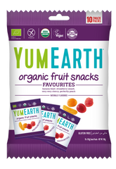 YumEarth organic fruit snacks packaging with purple and white design