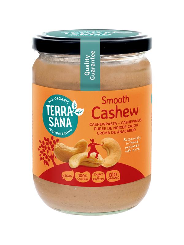 Jar of Terra Sana Smooth Cashew spread on a white background
