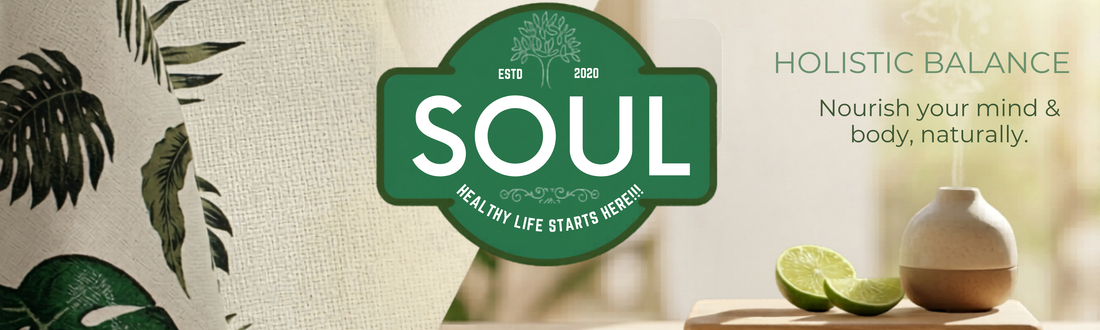 green Soul wellness logo on natural tropical leaf patterned fabric, next to serene daylight, a glass oil dropper, and fresh lime slices.