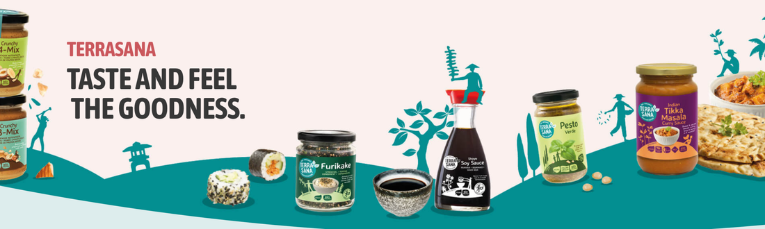 TerraSana product collection banner showcasing various organic food jars and pantry staples with the slogan 'Taste and Feel the Goodness