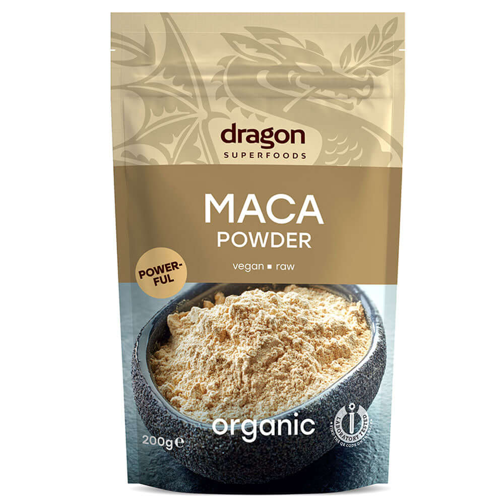 Packaging of Dragon Superfoods Maca Powder with a visual of the maca root powder in a bowl, and the text 'organic', '200g', and 'Vegan & Raw' displayed.