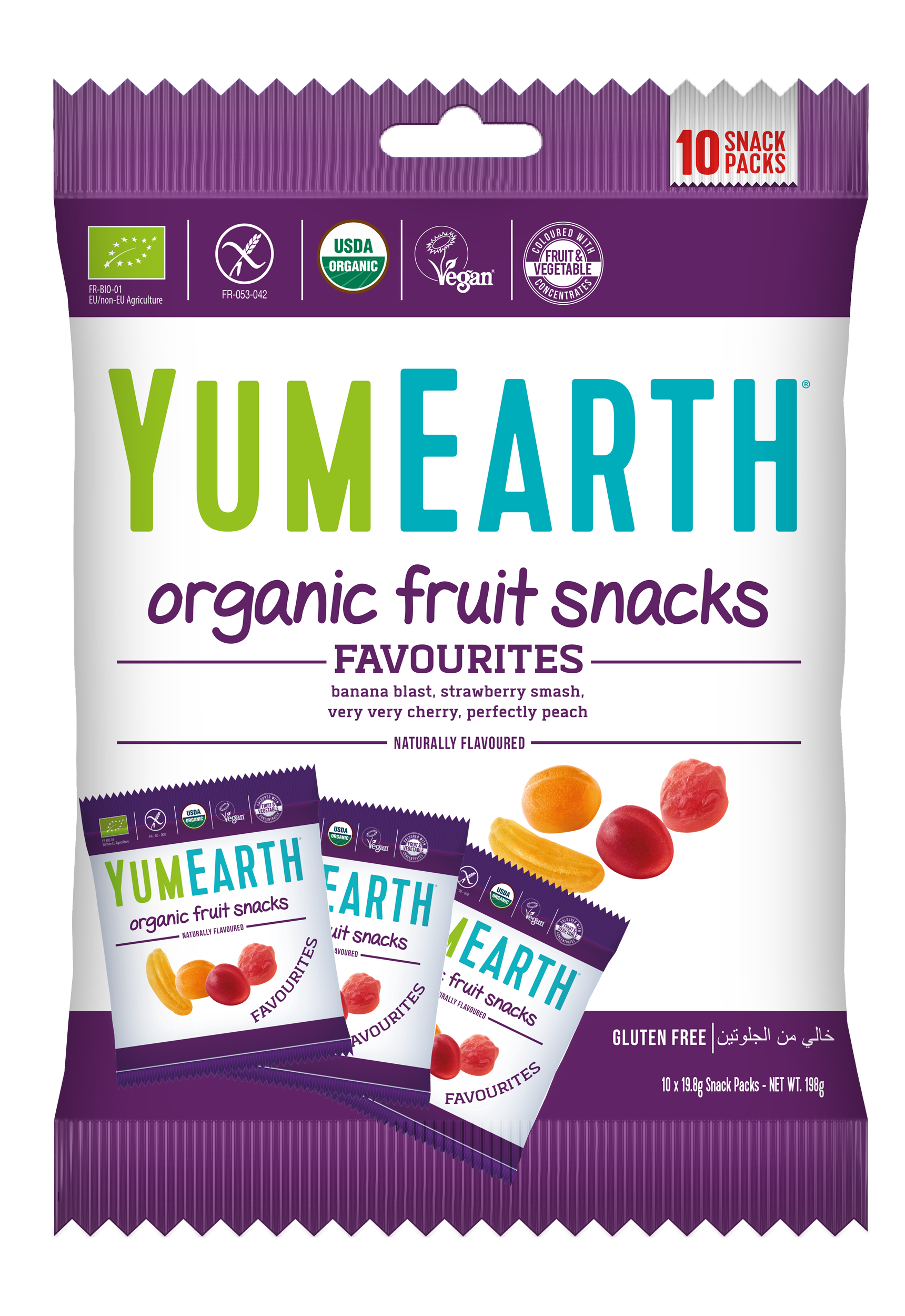 YumEarth organic fruit snacks packaging with purple and white design