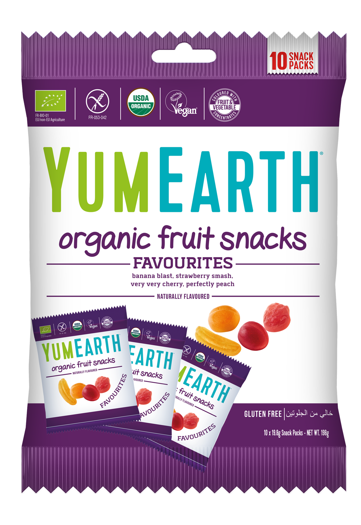 YumEarth organic fruit snacks packaging with purple and white design