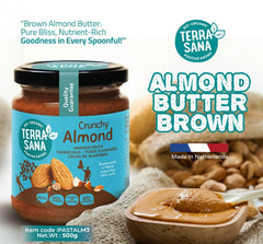 Terra Sana Crunchy Almond Butter jar with text and branding on a white background